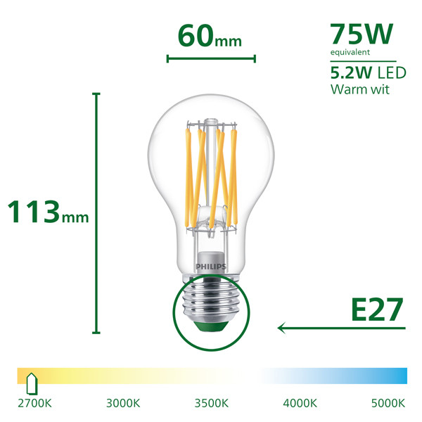 Philips LED lamp E27 | Peer A60 | Ultra Efficient | Filament | Helder | 2700K | Dimbaar | 5.2W (75W) LPH04545 - 3
