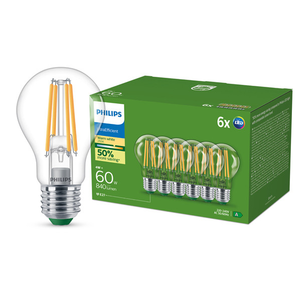 Philips LED lamp E27 | UltraEfficient | Peer A60 | Filament | 2700K | 4W (60W) | 6 stuks LPH03972 - 1