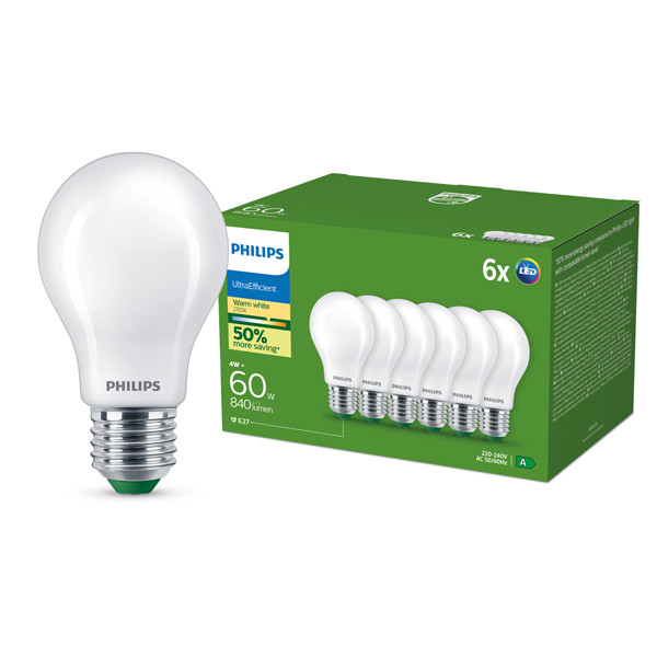 Philips LED lamp E27 | UltraEfficient | Peer A60 | Mat | 2700K | 4W (60W) | 6 stuks LPH03973 - 1