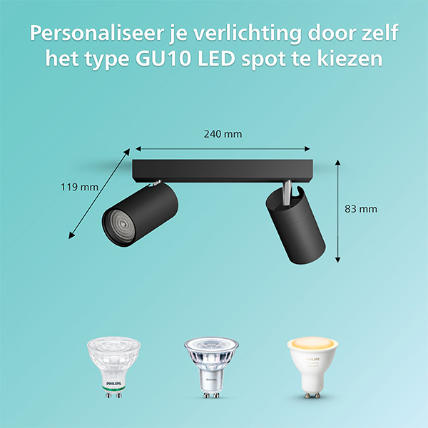 Philips Led opbouwspot | Rond | Idris | IP44 | Zwart | 2x GU10 fitting LPH04818 - 3