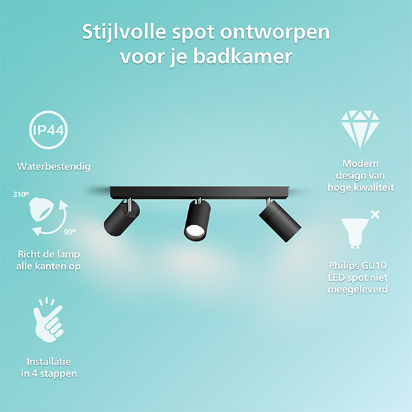 Philips Led opbouwspot | Rond | Idris | IP44 | Zwart | 3x GU10 fitting LPH04819 - 2