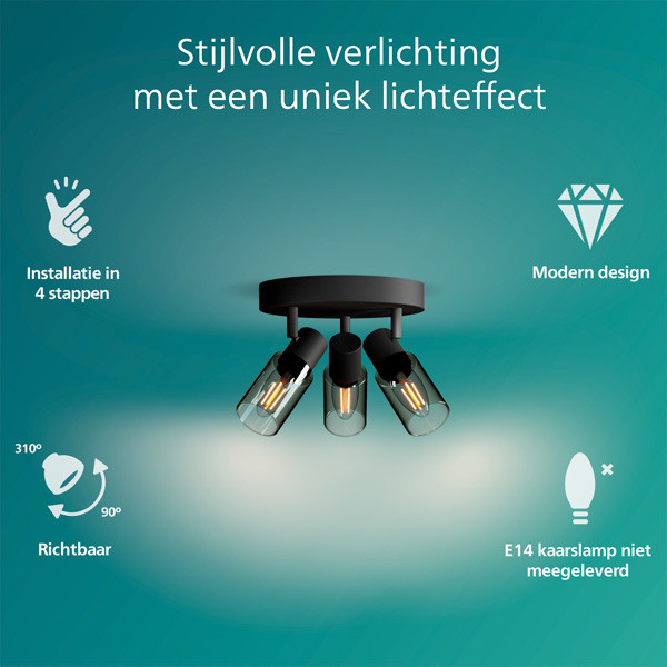 Philips Palms plafondspot | 3x E14 | Ronde basisplaat | Rookglas LPH03754 - 2