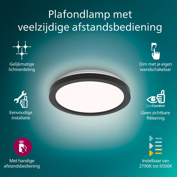 Philips  Plafondlamp met Afstandsbediening | Ø 30 cm | Rond | 2200-6500K | IP20 | Zwart | 24W LPH04843 - 2