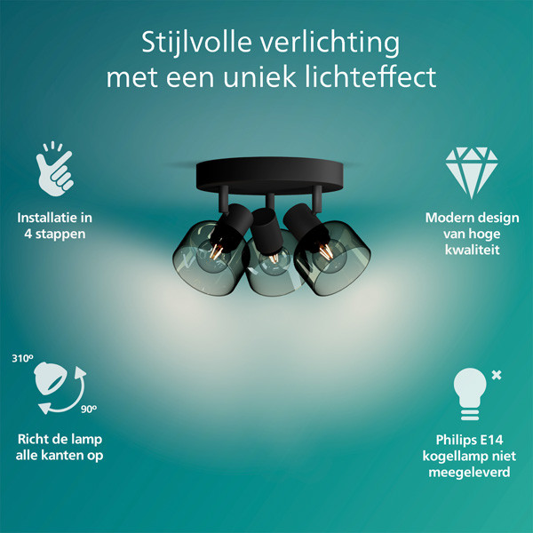 Philips Sleet plafondspot | 3x E14 | Ronde basisplaat | Rookglas  LPH03759 - 2