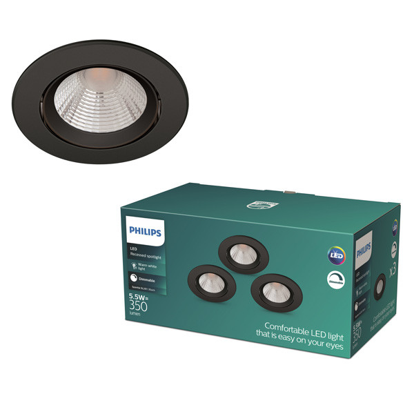 Philips Sparkle Inbouwspot  | 2700K | IP20 | Dimbaar | Zwart | 5.5W | 3 stuk  LPH03780 - 1