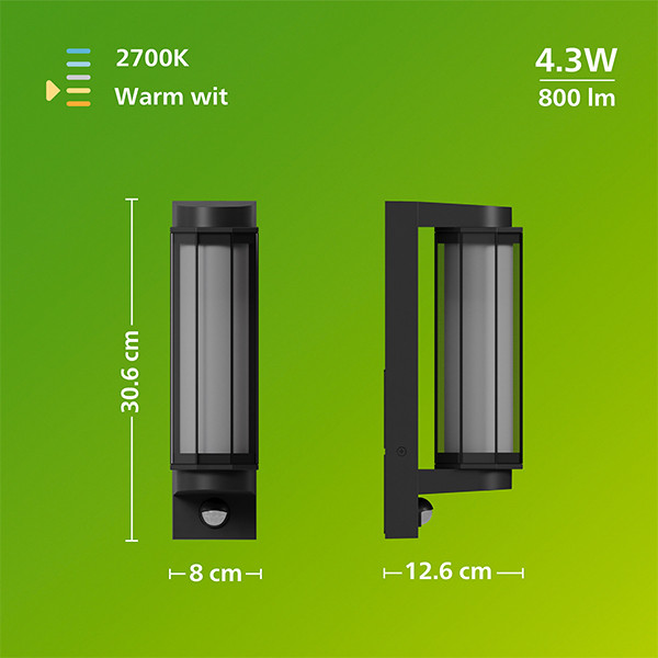 Philips Wandlamp | Ultra Efficient | Avendale | Bewegingssensor | 2700K | IP44 | 4.3W | Zwart LPH05147 - 10