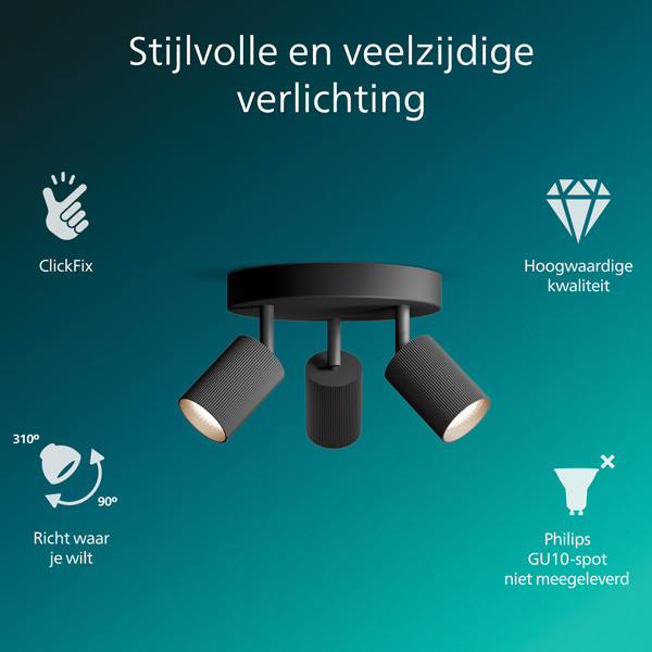 Philips Wyatt Led Opbouwspot | 3 spots | Ronde basisplaat | Zwart | GU10 fitting LPH05078 - 2