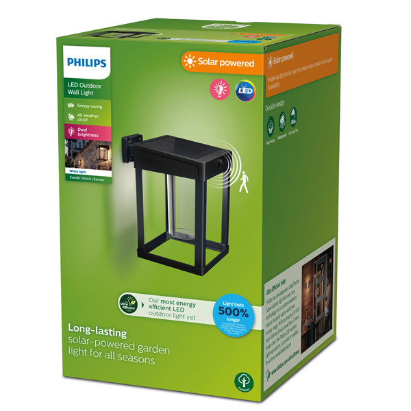 Philips myGarden Solar wandlamp met sensor | Camill | Vierkant | 3000K | Helder | IP44 | Zwart  LPH03525 - 2