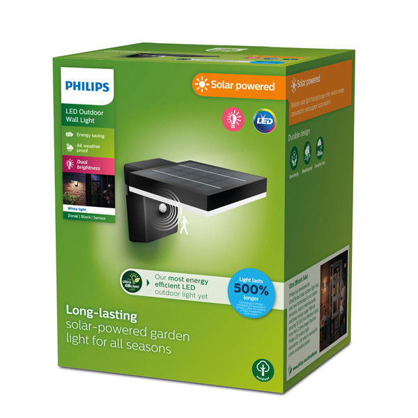Philips myGarden Solar wandlamp met sensor | Zonal | 3000K | Ultra Efficient | Vierkant | IP44 | Zwart  LPH03543 - 2