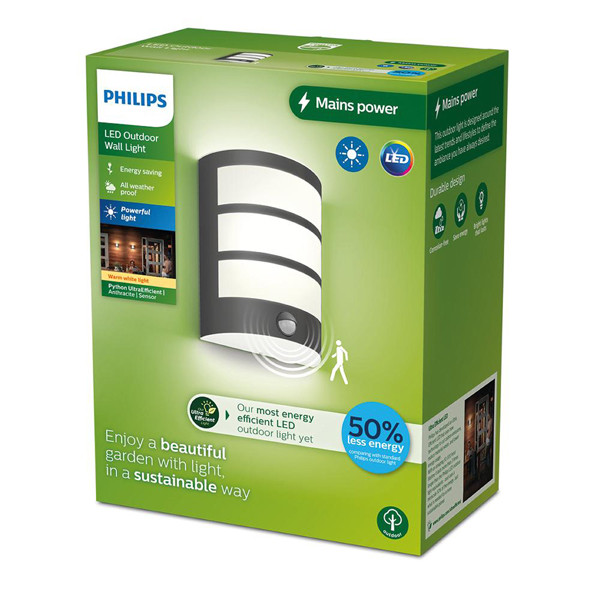 Philips myGarden wandlamp met sensor | Python | 2700K | Ultra Efficient | IP44 | 3.8W | Antraciet  LPH03560 - 2