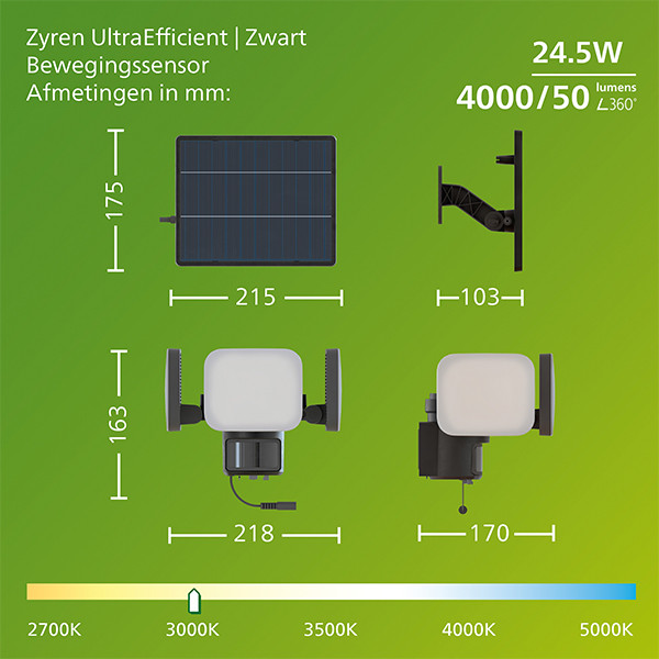 Philips solar wandlamp met sensor | Zyren | 3000K | Ultra Efficient | IP65 | 24.5W | Zwart LPH04627 - 9