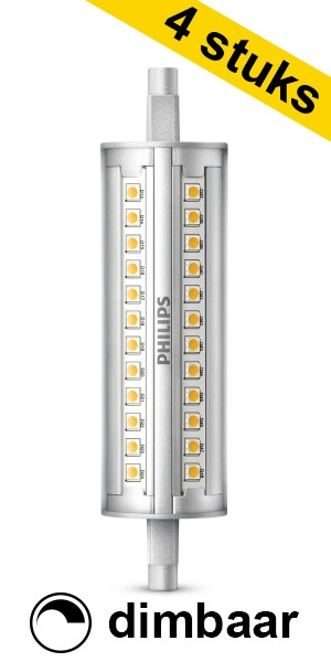 Vloeibaar ouder kwaadaardig Aanbieding: 4x Philips R7S LED lamp | Staaflamp | 118mm | 3000K | Dimbaar |  14W (100W) Signify 123led.nl