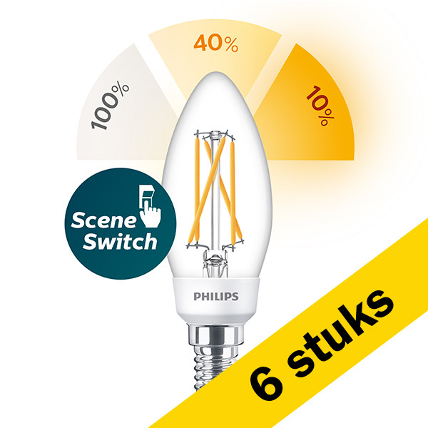 Signify Aanbieding: 6x Philips LED lamp E14 | SceneSwitch | Kaars B35 | Filament | Helder | 2200-2500-2700K | 5W (40W)  LPH02504 - 1