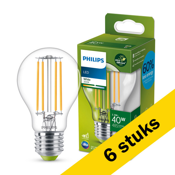 Hectare Bevestiging Port Aanbieding: 6x Philips LED lamp E27 | Ultra Efficient | Peer A60 | Filament  | 3000K | 2.3W (40W) Signify 123led.nl