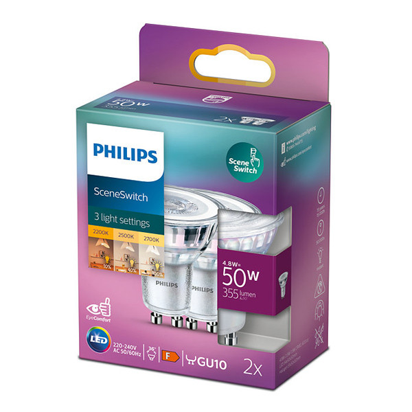 Signify Philips GU10 LED spot | SceneSwitch | 2200-2500-2700K | 4.8W (50W) | 2 stuks  LPH02601 - 1