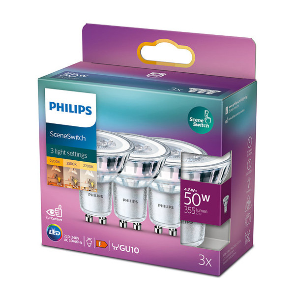 Signify Philips GU10 LED spot | SceneSwitch | 2200-2500-2700K | 4.8W (50W) | 3 stuks  LPH02602 - 1