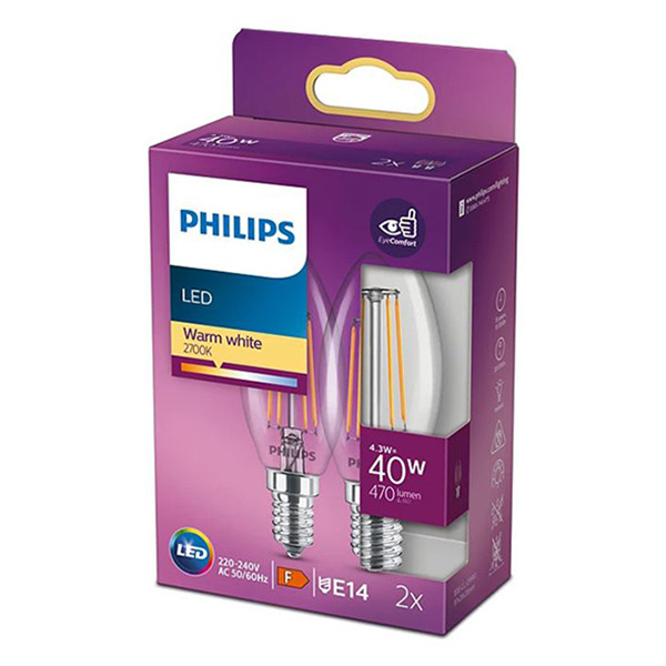 Signify Philips LED lamp E14 | Kogel P45 | Filament | 2700K | 4.3W (40W) 2 stuks  LPH02400 - 1