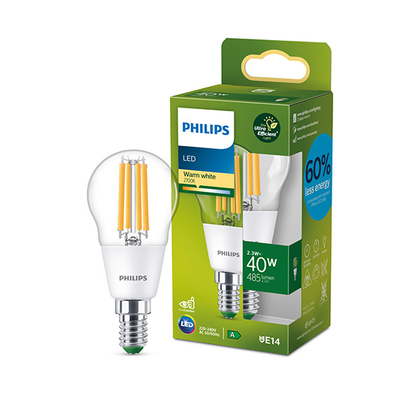 Signify Philips LED lamp E14 | Kogel P45 | Ultra Efficient | Filament | Helder | 2700K | 2.3W (40W)  LPH03344 - 1
