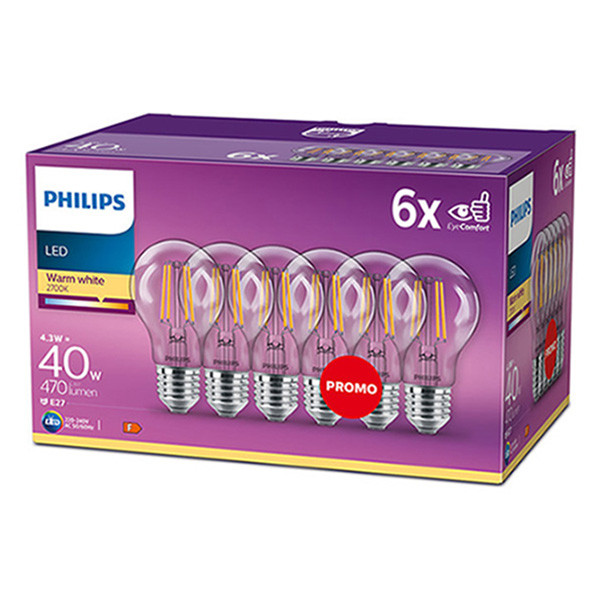 Signify Philips LED lamp E27 | Peer A60 | Filament | Helder | 2700K | 4.3W (40W) 6 stuks  LPH02628 - 1