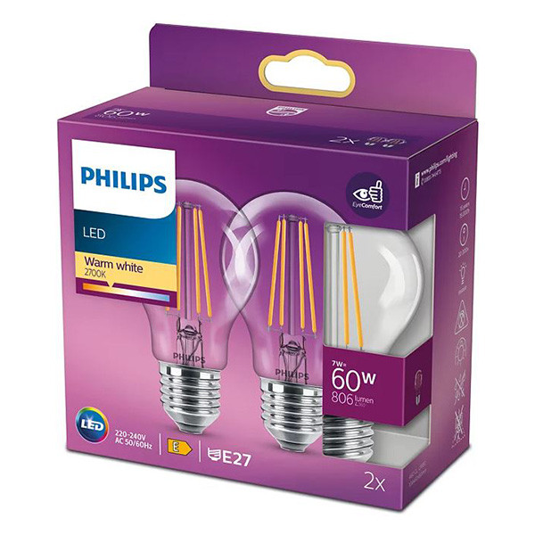 Signify Philips LED lamp E27 | Peer A60 | Filament | Helder | 2700K | 7W (60W) | | 2 stuks  LPH02343 - 1