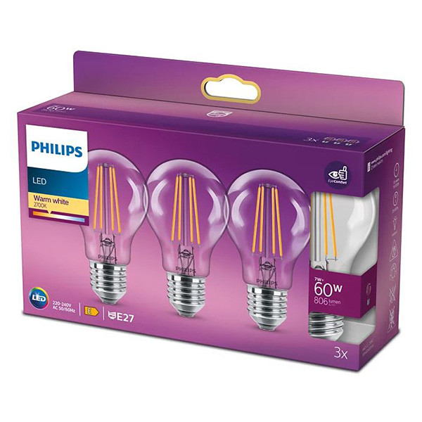Signify Philips LED lamp E27 | Peer A60 | Filament | Helder | 2700K | 7W (60W) | 3 stuks  LPH02345 - 1