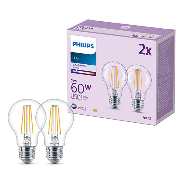 Signify Philips LED lamp E27 | Peer A60 | Filament | Helder | 4000K | 7W (60W) | 2 stuks  LPH03022 - 1