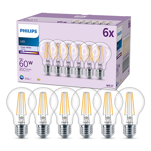 Signify Philips LED lamp E27 | Peer A60 | Filament | Helder | 4000K | 7W (60W) | 6 stuks  LPH03024 - 1