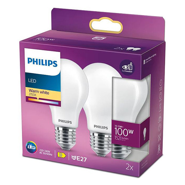 Philips LED lamp E27 | Peer A60 Mat | 2700K | 10.5W (100W) | 2 stuks Signify 123led.nl