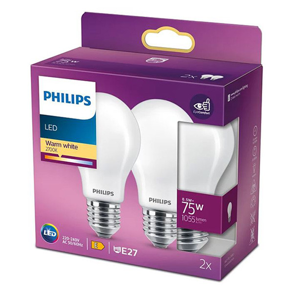 Signify Philips LED lamp E27 | Peer A60 | Mat | 2700K | 8.5W (75W) | 2 stuks  LPH02327 - 1