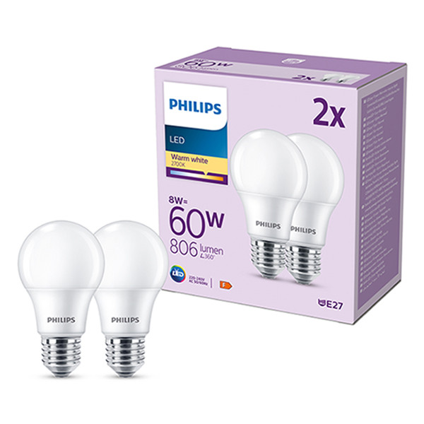 Signify Philips LED lamp E27 | Peer A60 | Mat | 2700K | 8W (60W) | 2 stuks  LPH03010 - 1