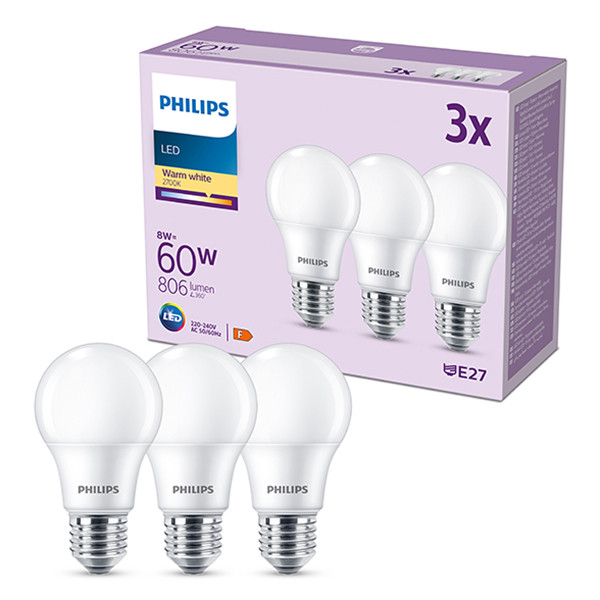 Signify Philips LED lamp E27 | Peer A60 | Mat | 2700K | 8W (60W) | 3 stuks  LPH03011 - 1