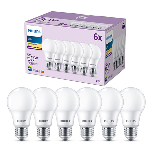 Philips lamp E27 | Peer A60 | Mat | 2700K | 8W (60W) 6 stuks Signify 123led.nl