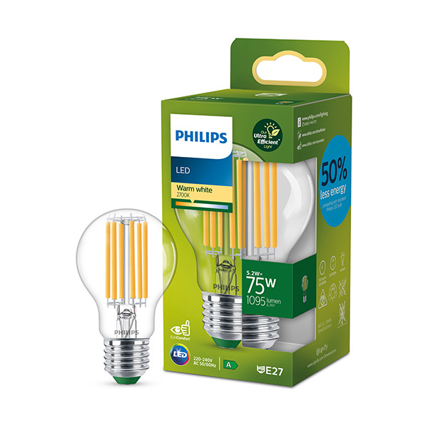 Signify Philips LED lamp E27 | Peer A60 | Ultra Efficient | Filament | 2700K | 5.2W (75W)  LPH03296 - 1