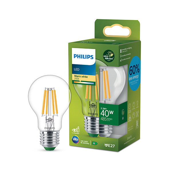 Signify Philips LED lamp E27 | Peer A60 | Ultra Efficient | Filament | Helder | 2700K | 2.3W (40W)  LPH03340 - 1