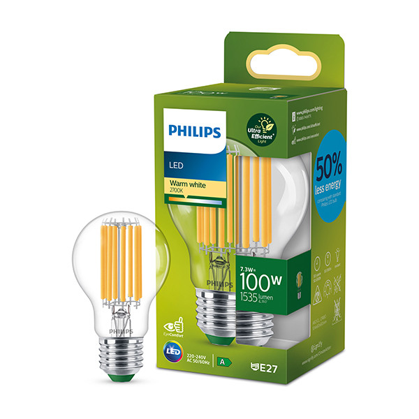 Signify Philips LED lamp E27 | Peer A60 | Ultra Efficient | Filament | Helder | 2700K | 7.3W (100W)  LPH03264 - 1