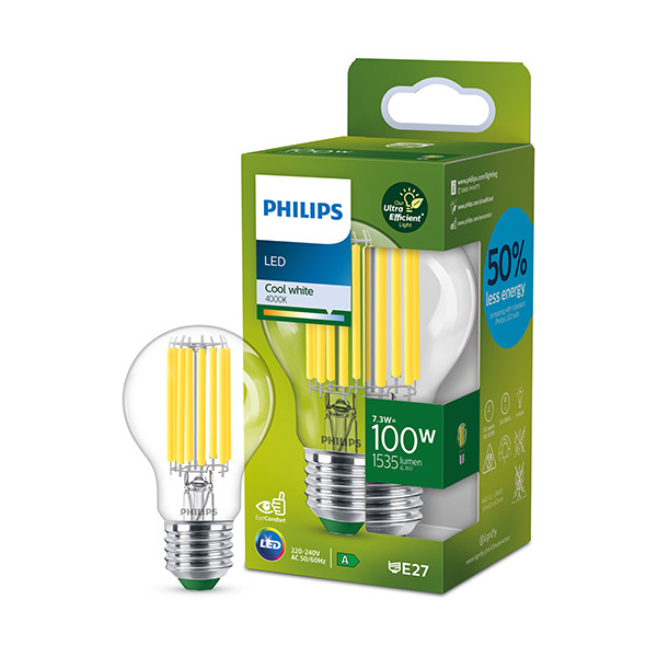 Signify Philips LED lamp E27 | Peer A60 | Ultra Efficient |  Filament | Helder | 4000K | 7.3W (100W)  LPH03266 - 1