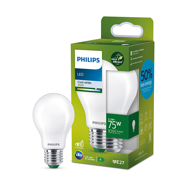 Signify Philips LED lamp E27 | Peer A60 | Ultra Efficient | Mat | 4000K | 5.2W (75W)  LPH03304 - 1