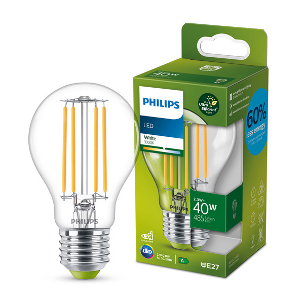 een beetje Eik Glad Philips LED lamp E27 | Ultra Efficient | Peer A60 | Filament | 3000K | 2.3W  (40W) Signify 123led.nl