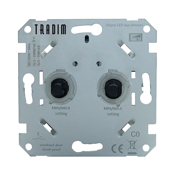 Verlenen beeld rand Led duo dimmer inbouw 2x 1-100W digitaal (Tradim, 2496, Fase Afsnijding)  Tradim 123led.nl