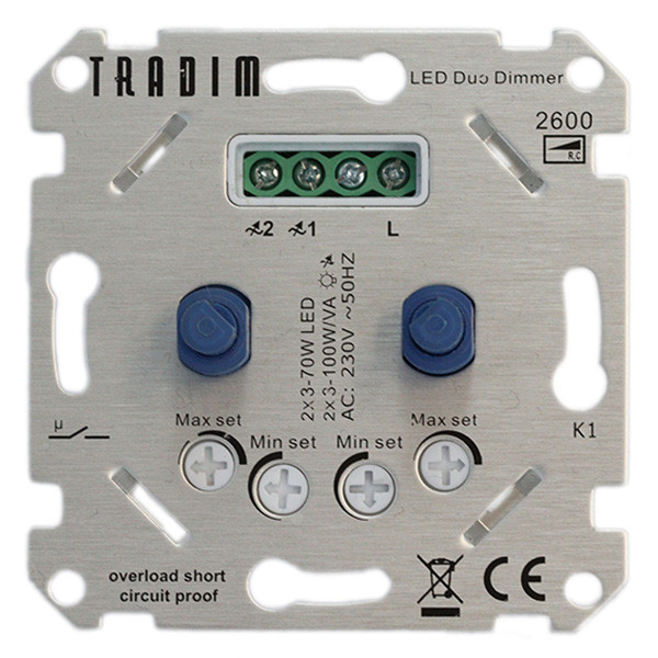 hier oogsten zegevierend Led duo dimmer inbouw 2x 3-100W | Fase afsnijding (RC) | Tradim, 2600  Tradim 123led.nl