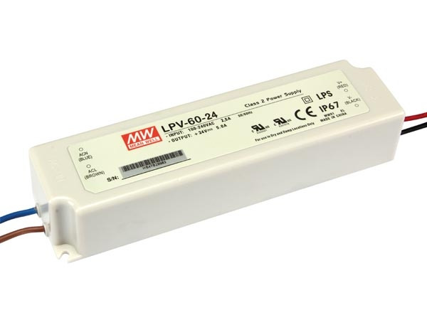 Vellight Mean Well ledvoeding met constante stroom (60W, 24V, 2.5A, IP67) plastic behuizing  LVE00118 - 1
